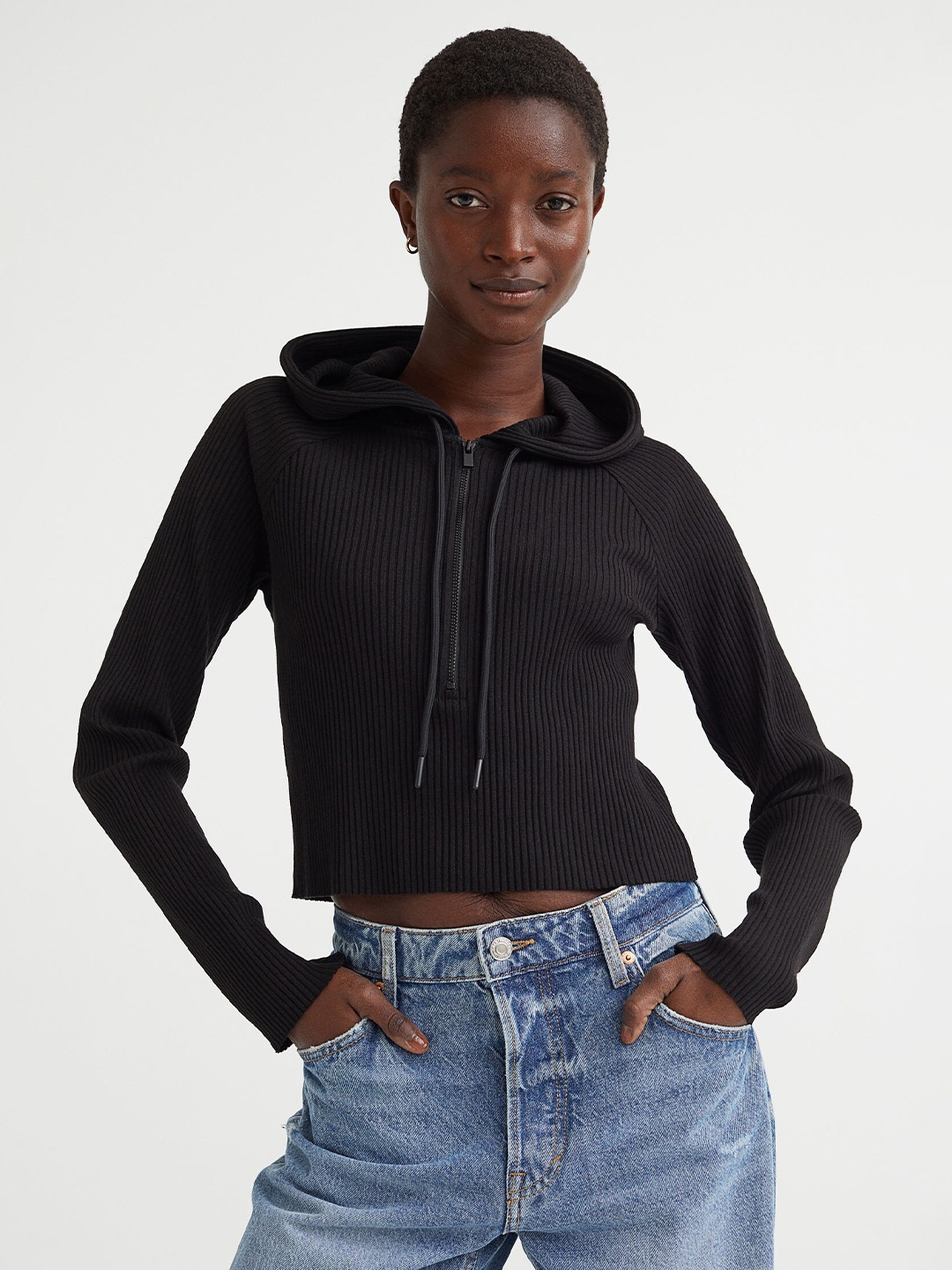 

H&M Women Black Cropped Hoodie
