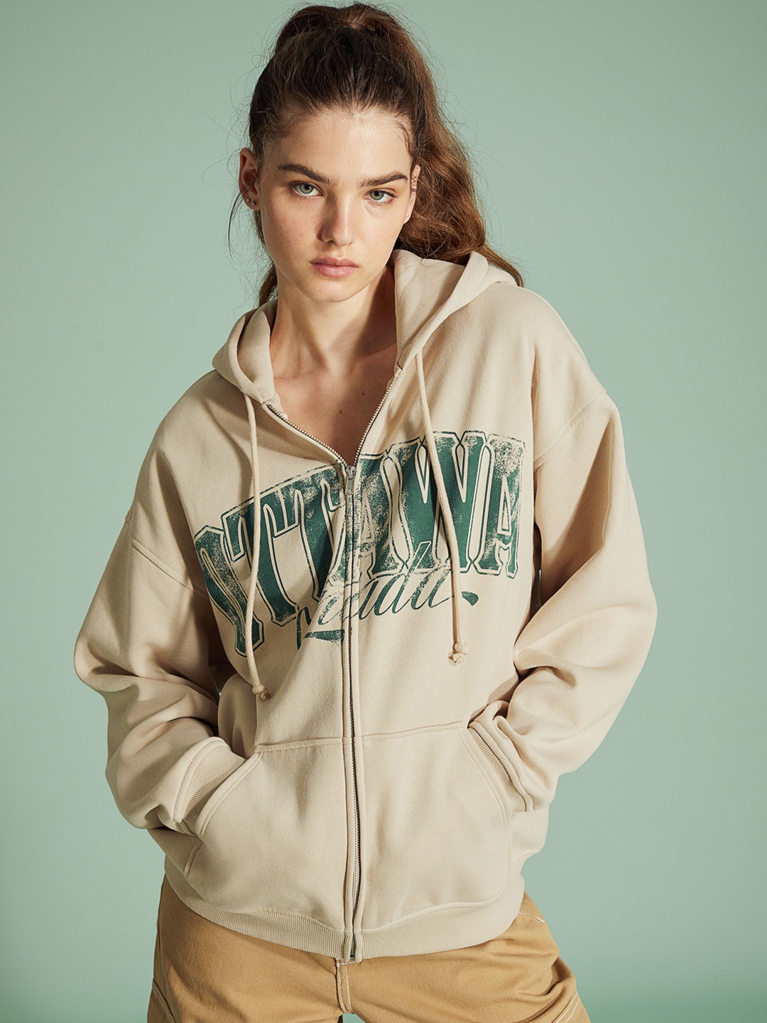 

H&M Women Beige Oversized Printed Zip-Through Hoodie