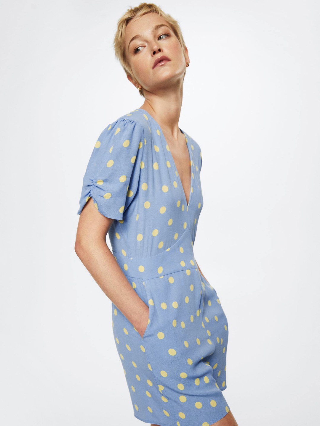 

MANGO Blue & Yellow Polka Dots Print Playsuit