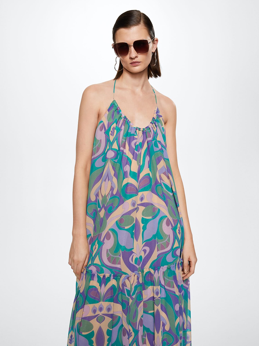 

MANGO Green & Lavender Abstract Print Blackless Maxi Dress