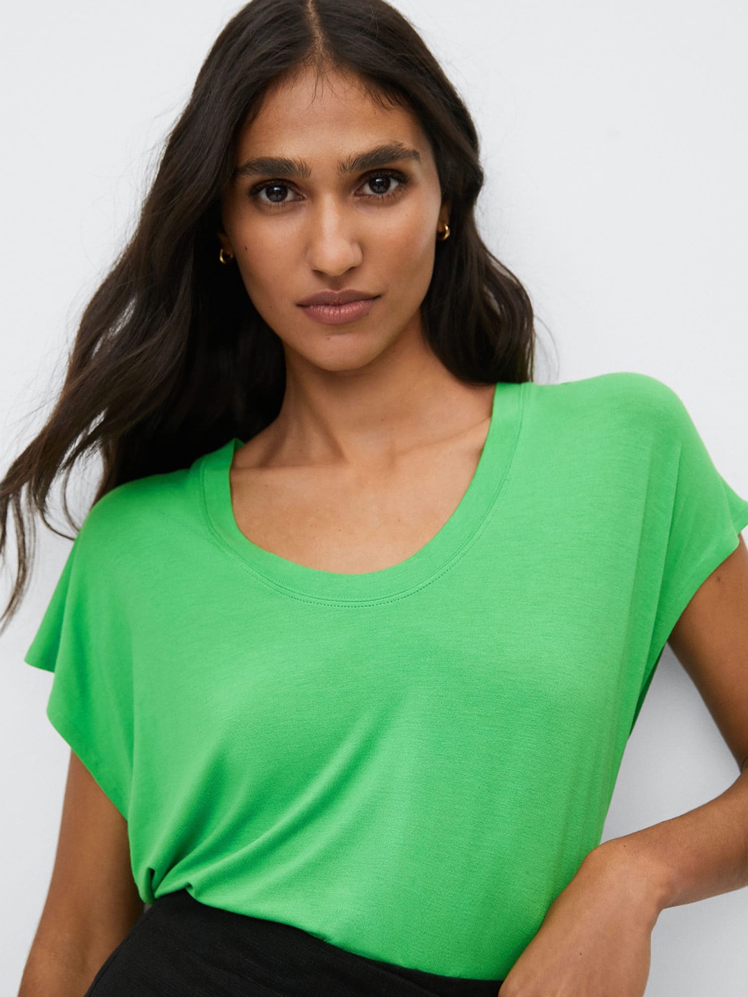 

MANGO Women Green Extended Sleeves T-shirt