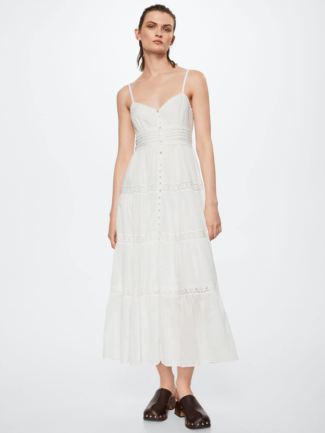 

MANGO White Solid Lace Inserts Tiered Maxi Dress with Smocked Back