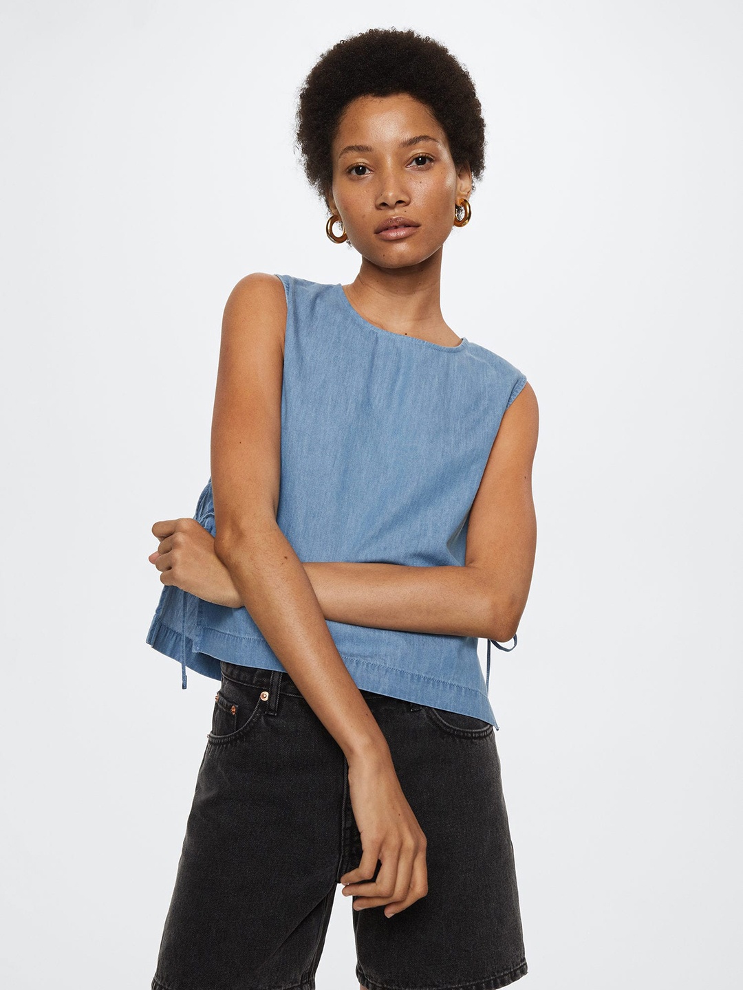 

MANGO Women Blue Solid Pure Cotton Top