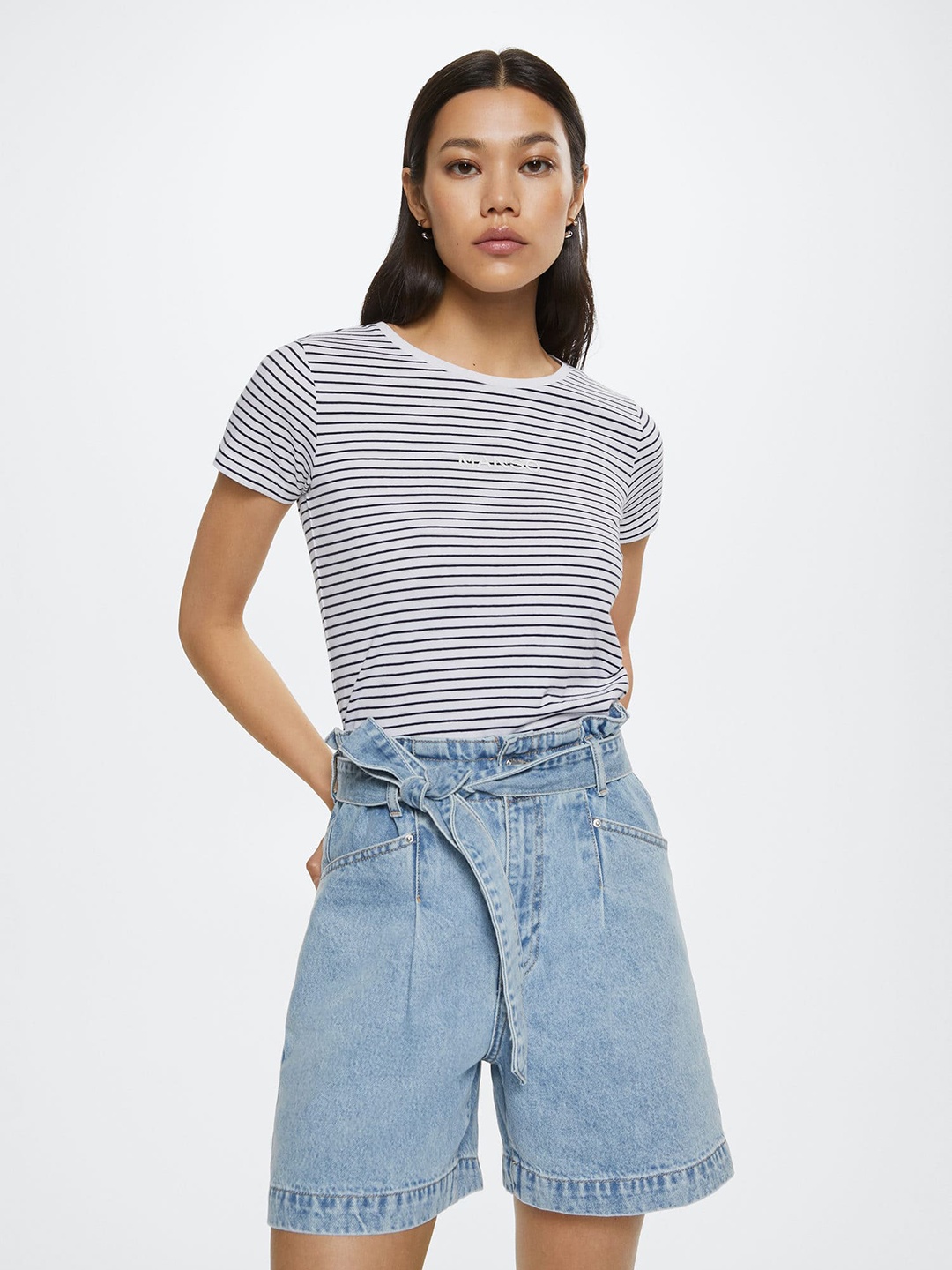 

MANGO Women White & Blue Striped Pure Cotton T-shirt