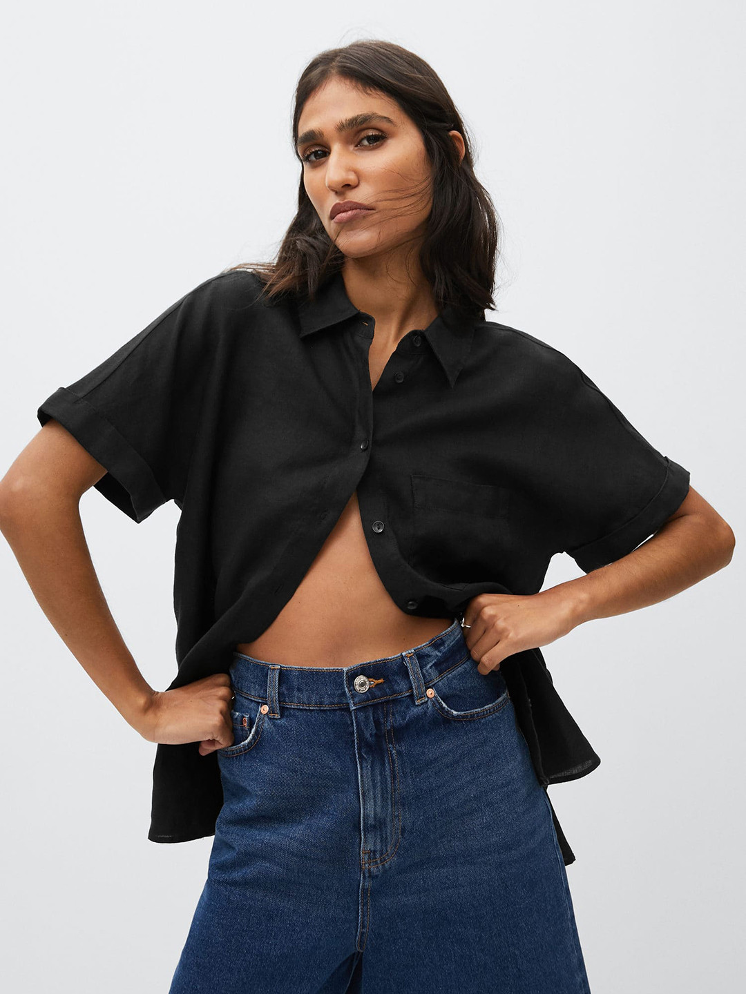 

MANGO Women Black Pure Linen Solid Casual Shirt