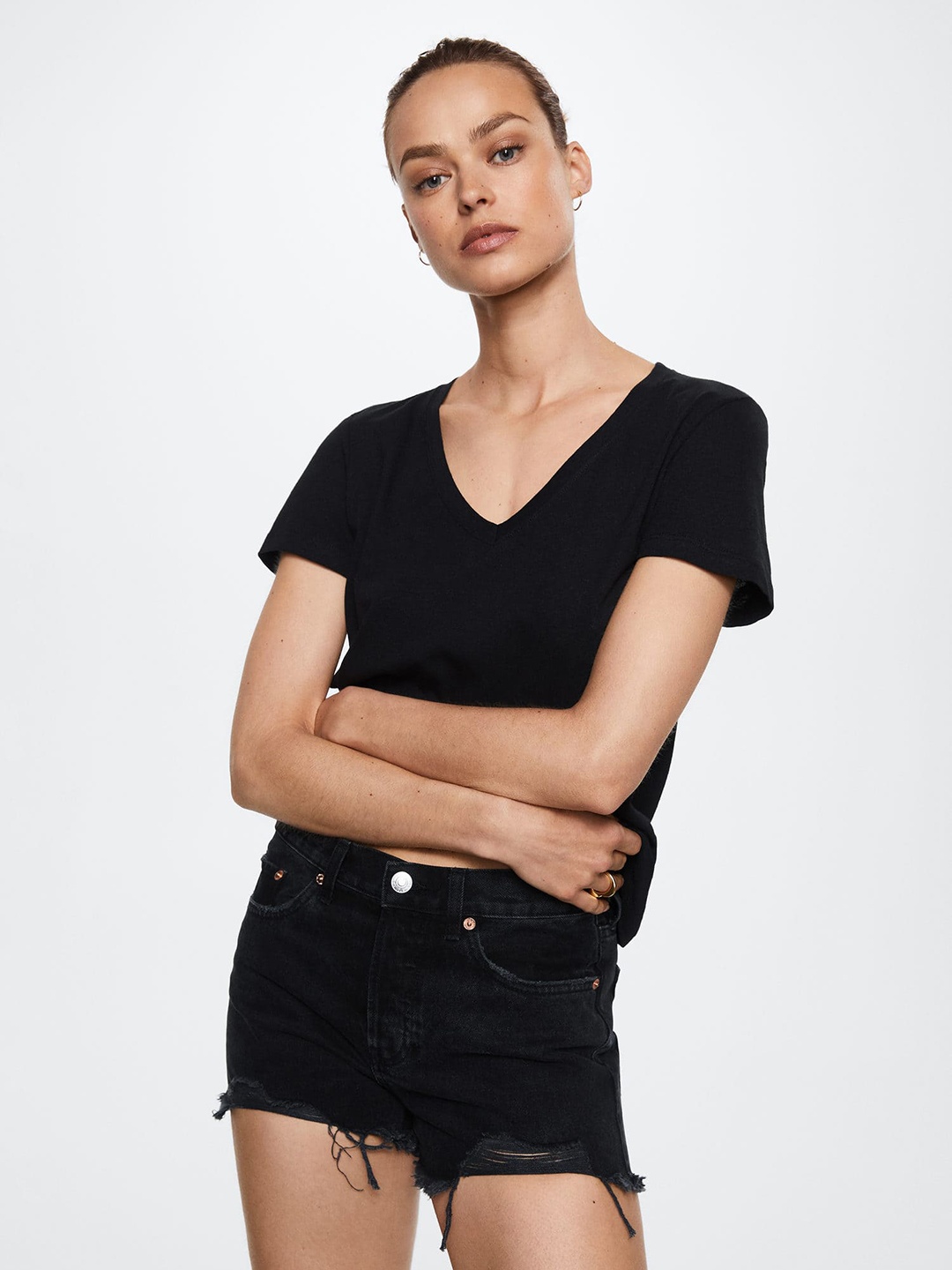 

MANGO Women Black V-Neck Cotton Linen T-shirt