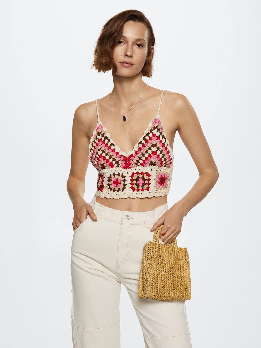 

MANGO Cream-Coloured & Red Crochet Pure Cotton Bralette Top
