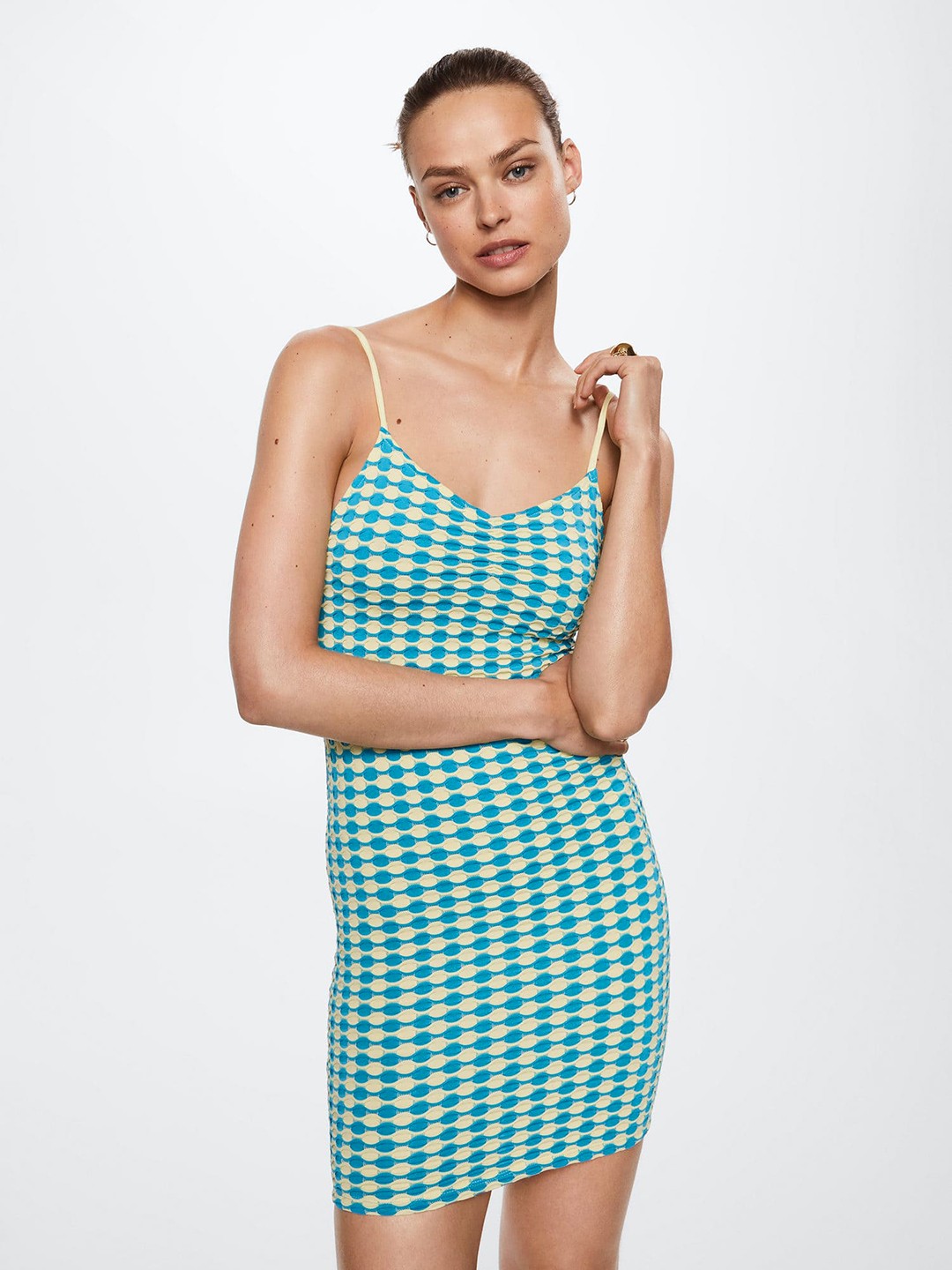 

MANGO Green & Blue Self Design Bodycon Mini Dress