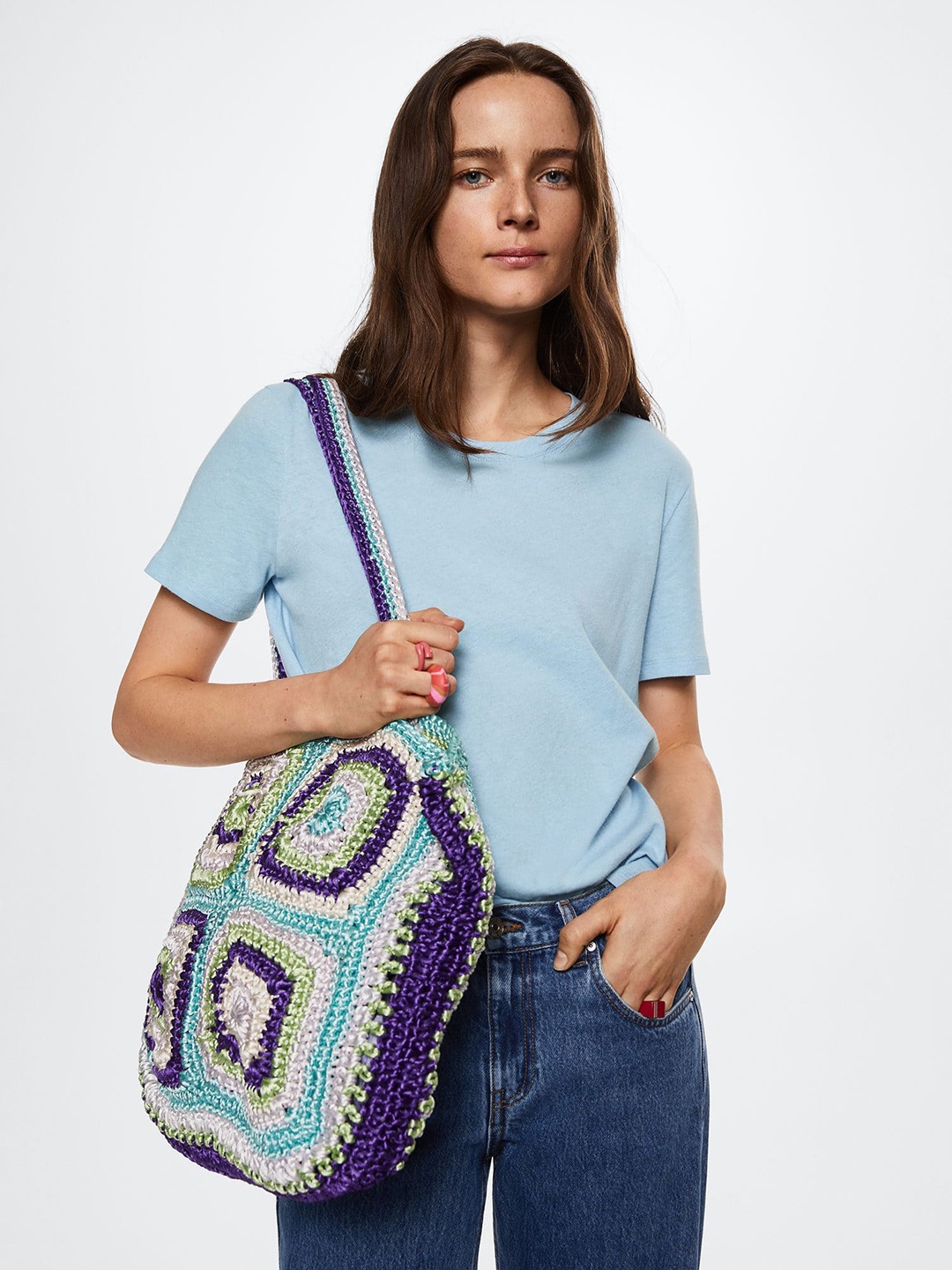 

MANGO Women Blue Cotton-Linen T-shirt