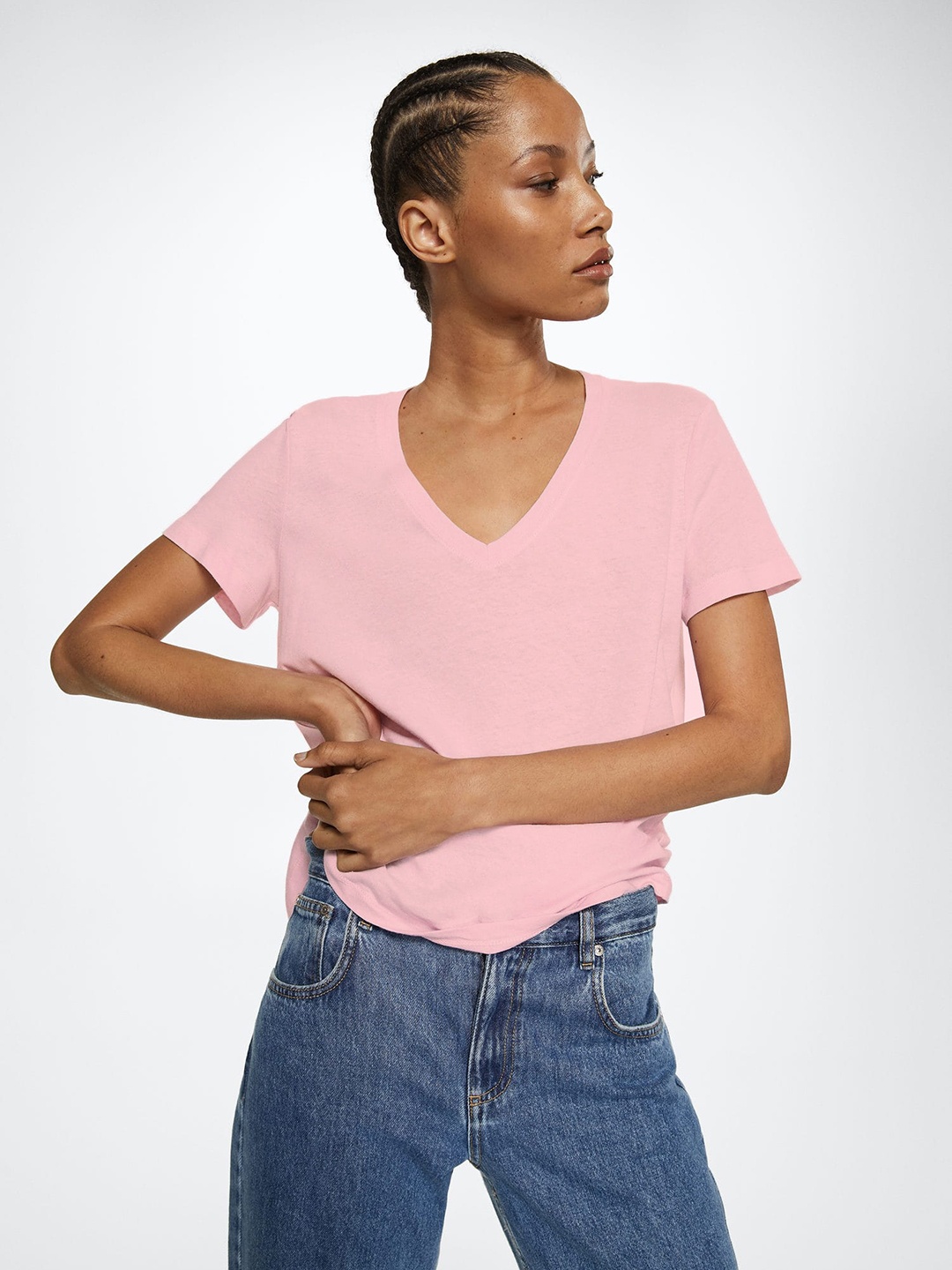 

MANGO Women Pink Cotton Linen Solid V-Neck T-shirt