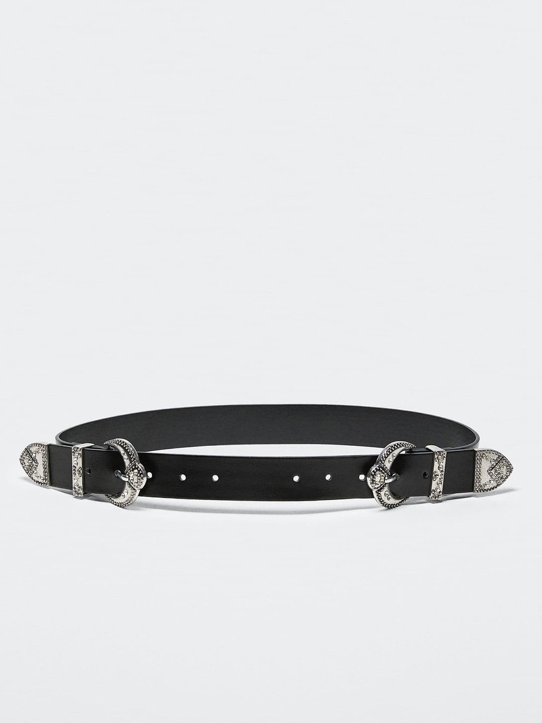 

MANGO Women Black & Silver-Toned Solid Double Buckle Belt