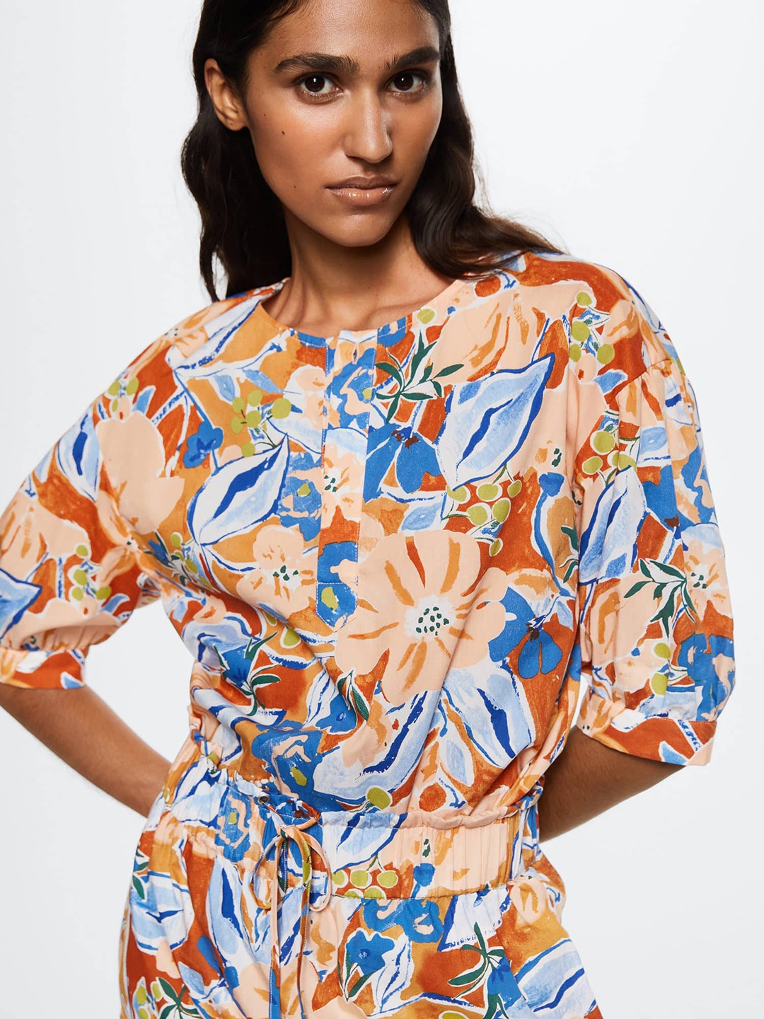 

MANGO Women Peach-Coloured & Blue Pure Cotton Floral Printed Top