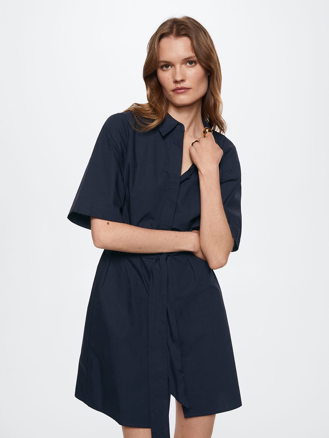 

MANGO Navy Blue Pure Cotton Solid Shirt Mini Dress with Belt