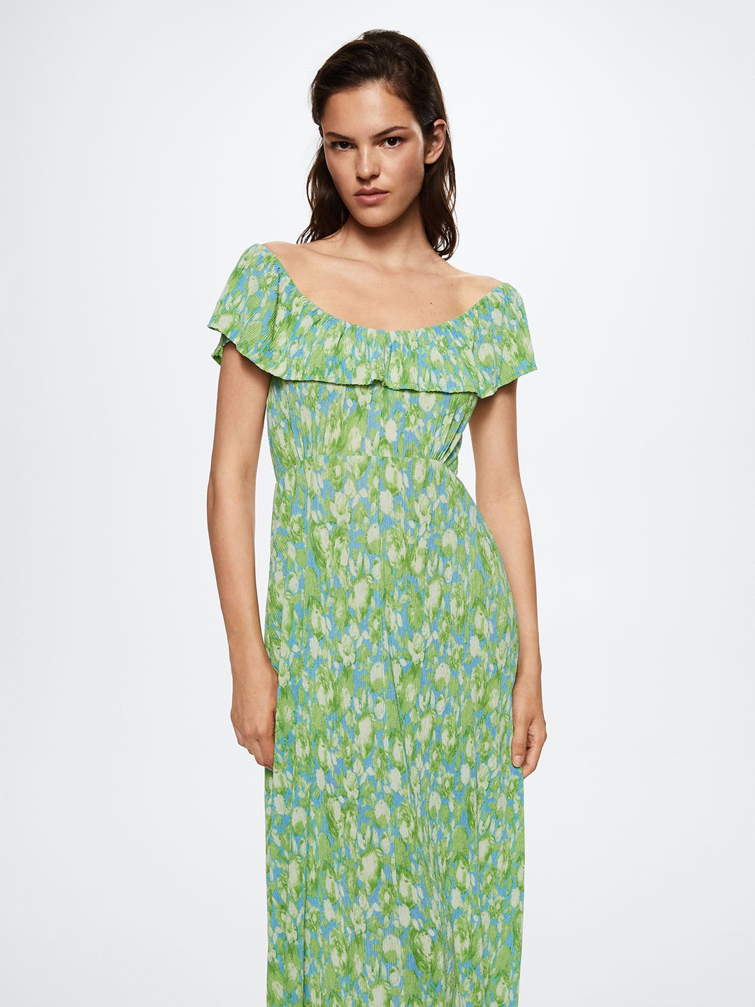 

MANGO Green & Lavender Abstract Printed Off-Shoulder A-Line Crinkled Midi Dress