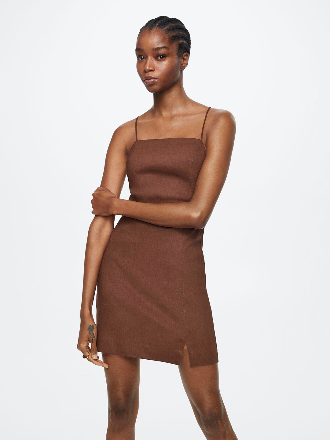 

MANGO Coffee Brown Linen Sheath Mini Dress