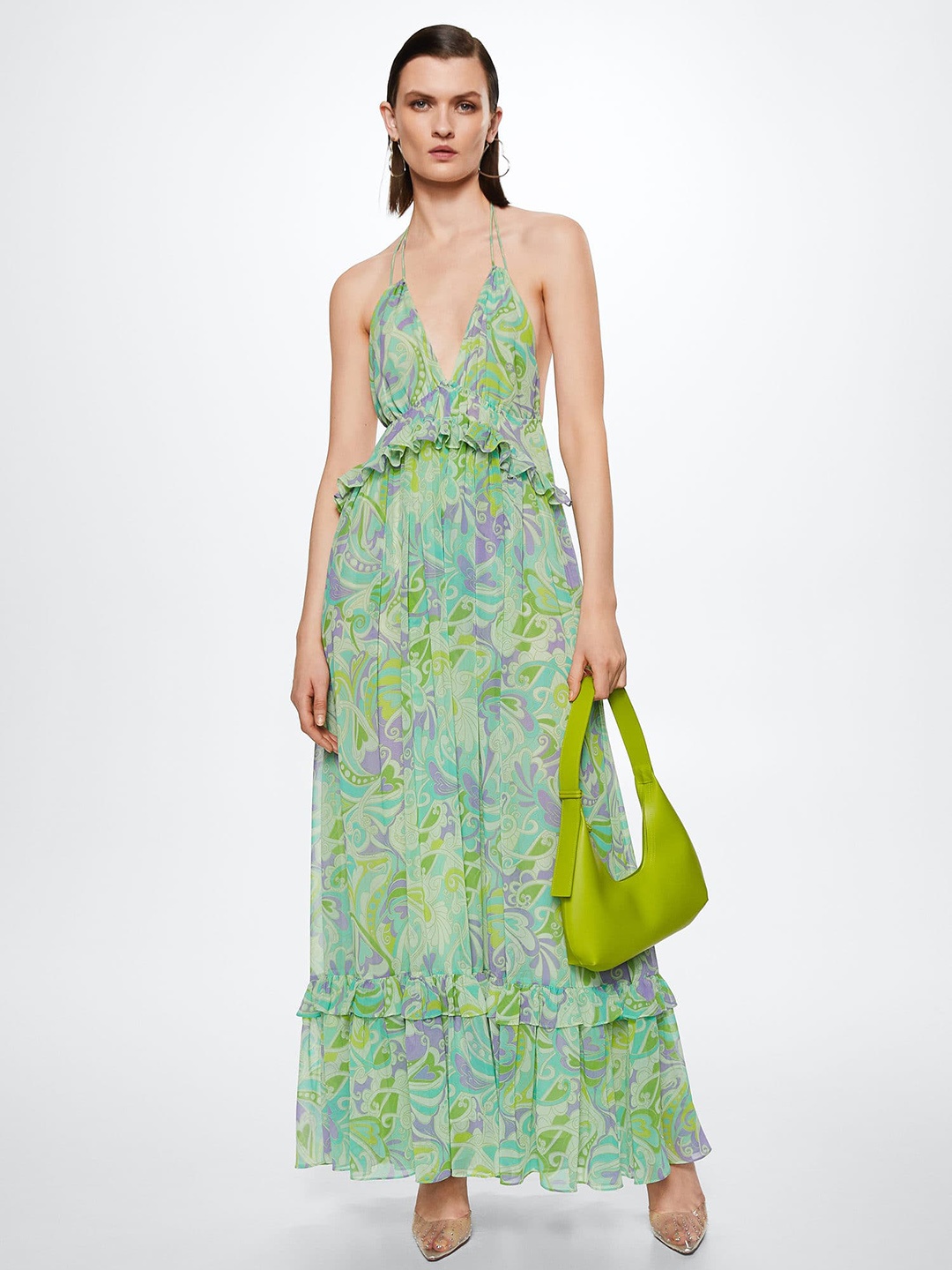 

MANGO Green & Lavender Halter Neck Printed Maxi Dress