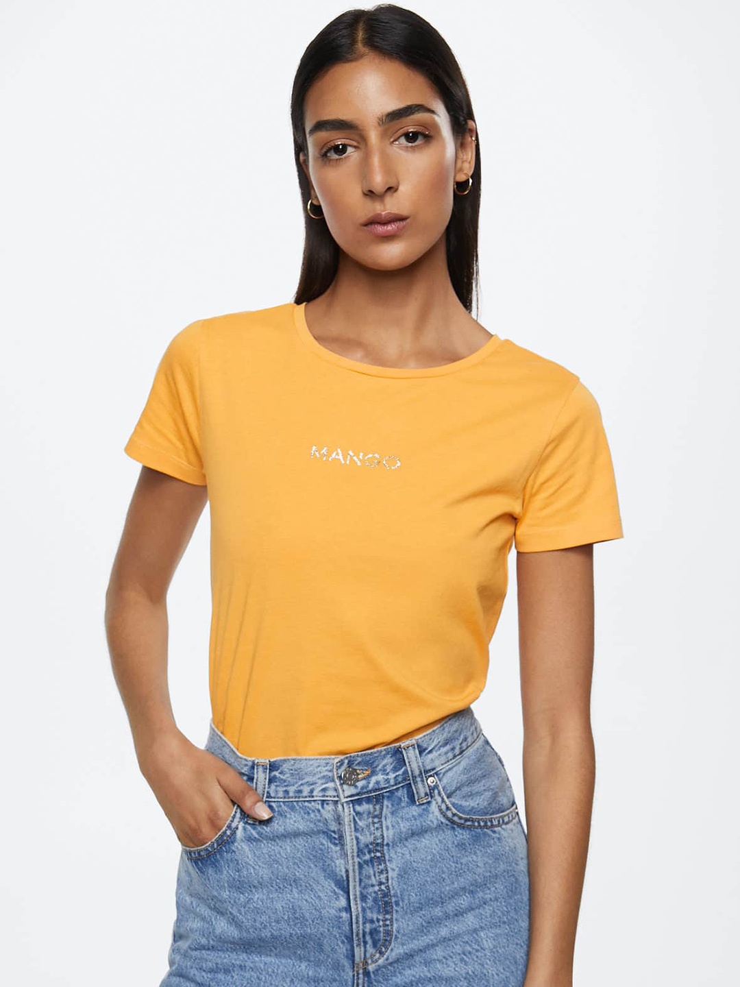 

MANGO Women Mustard Yellow Brand Logo Pure Cotton T-shirt