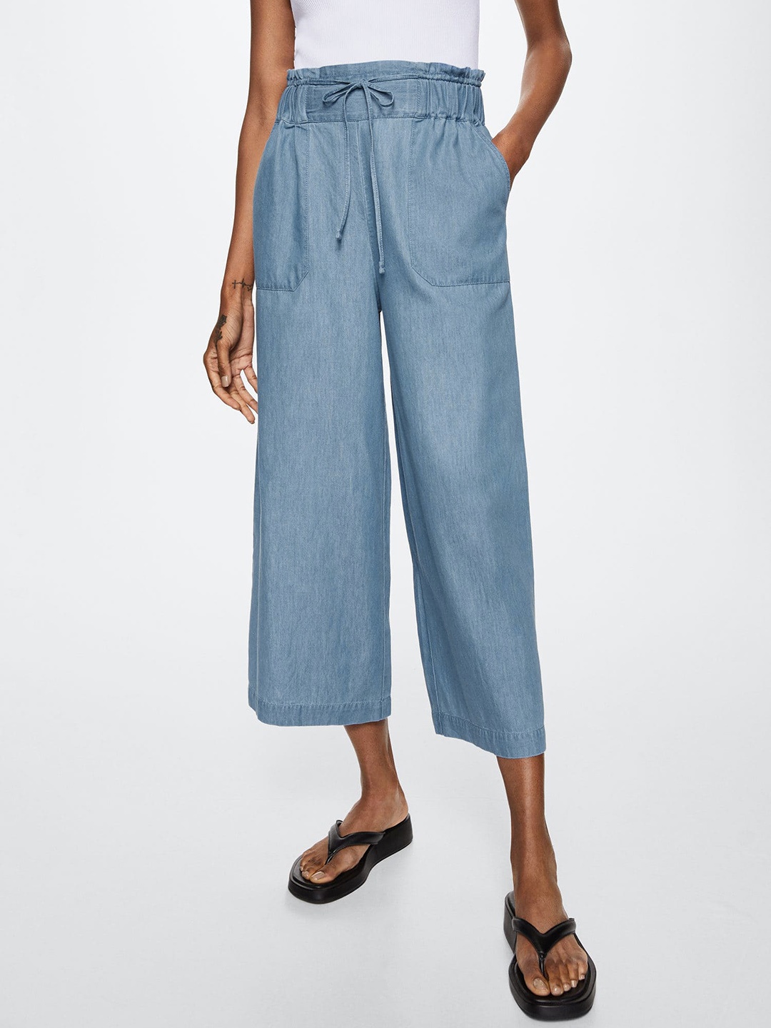 

MANGO Women Blue Pure Cotton Chambray Parallel Trousers