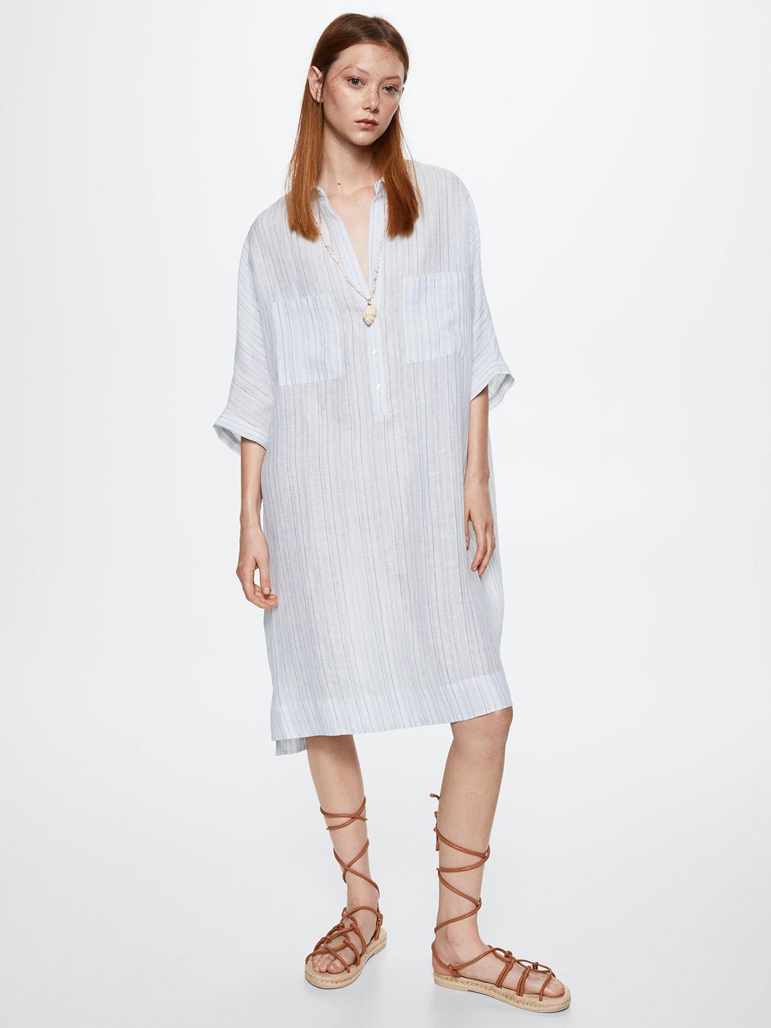 

MANGO White & Blue Pure Linen Striped Shirt Dress