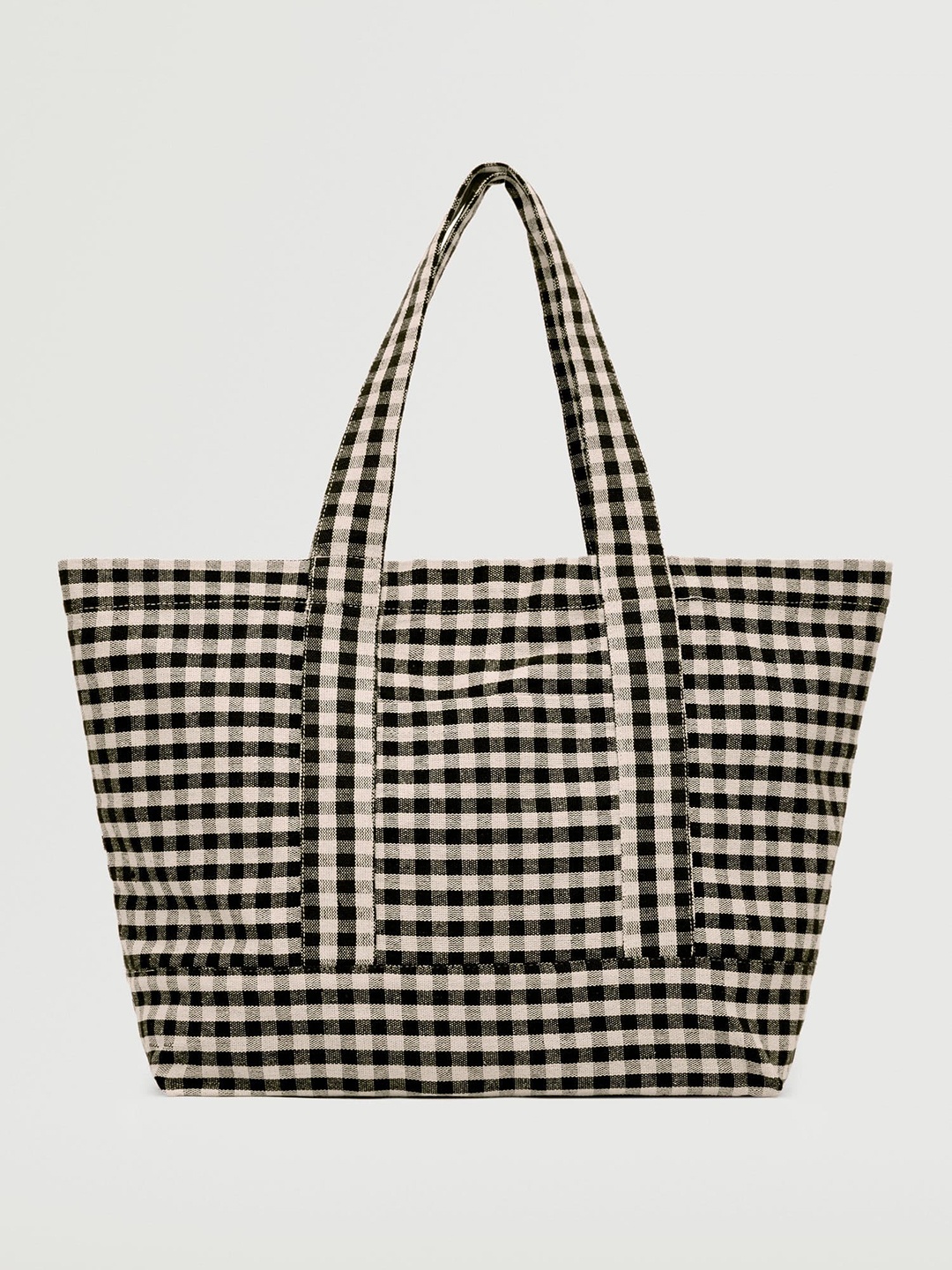 

MANGO Women Black & Cream-Coloured Checked Shopper Shoulder Bag