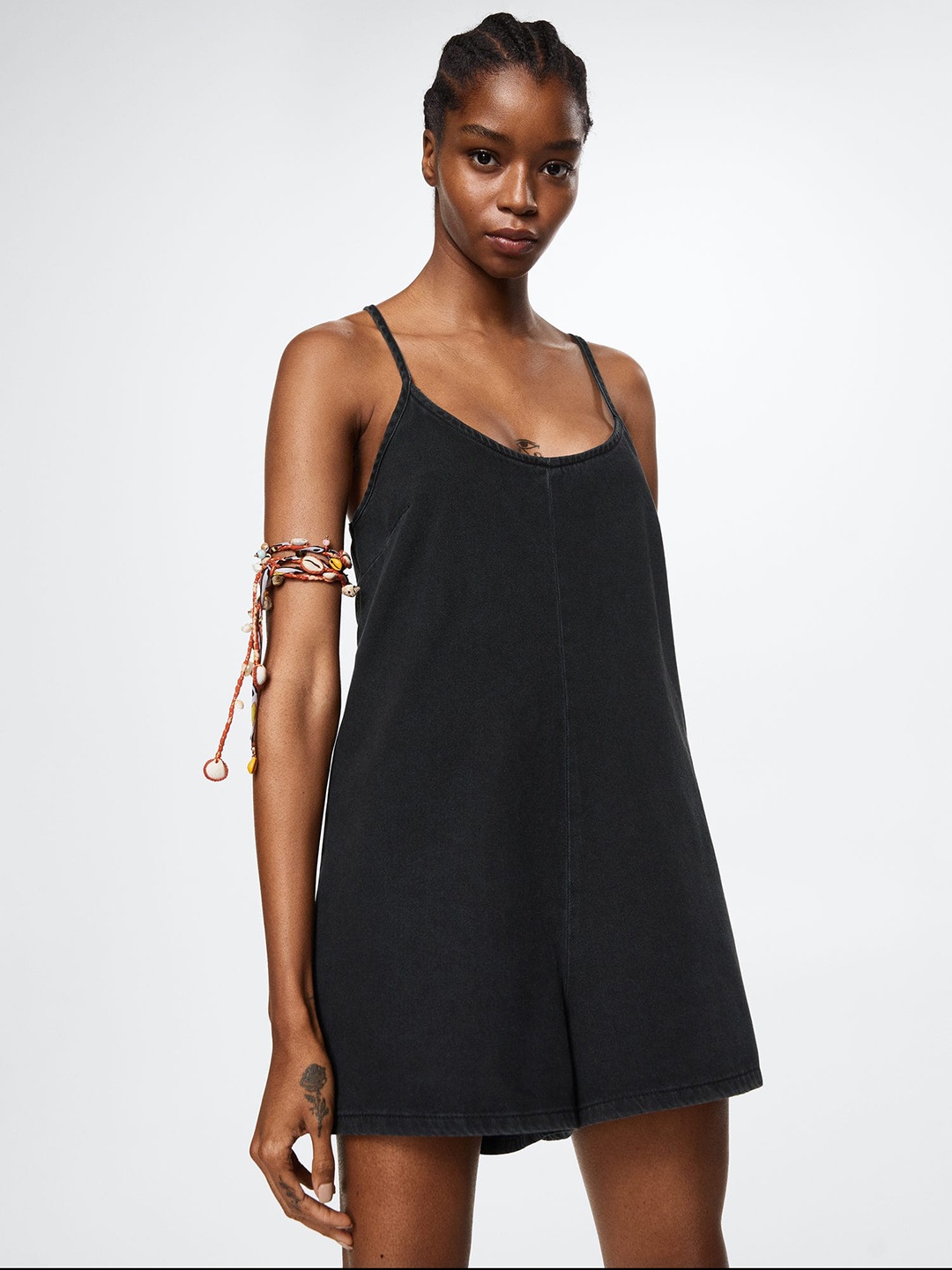 

MANGO Black Denim Cotton Playsuit