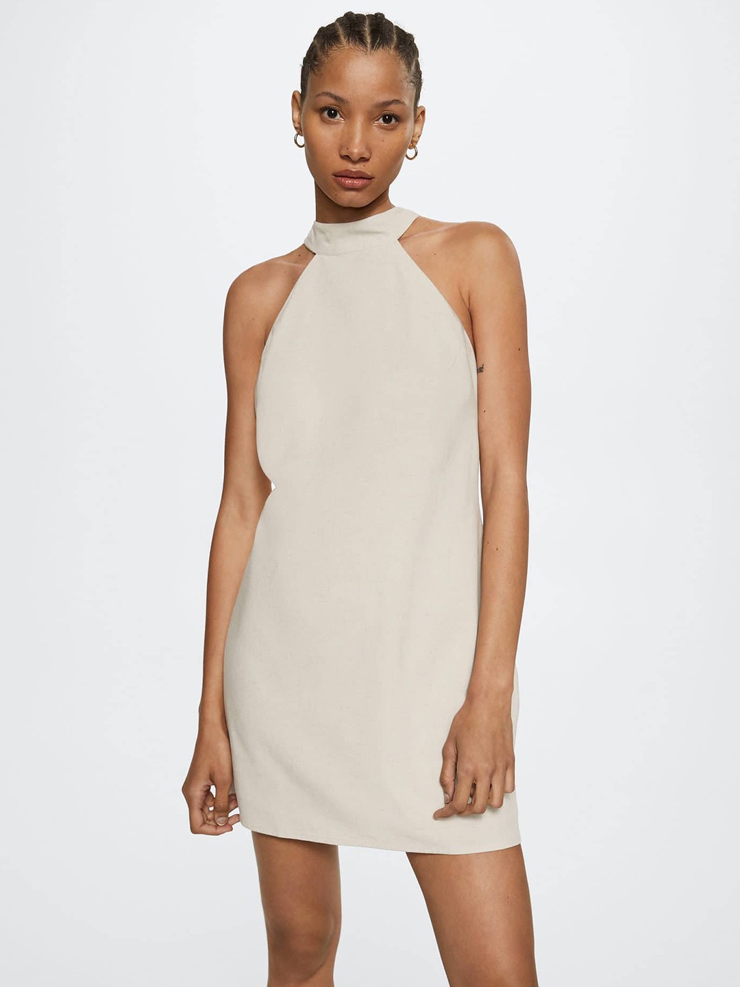 

MANGO Beige Viscose Linen Solid Styled Back Sheath Mini Dress