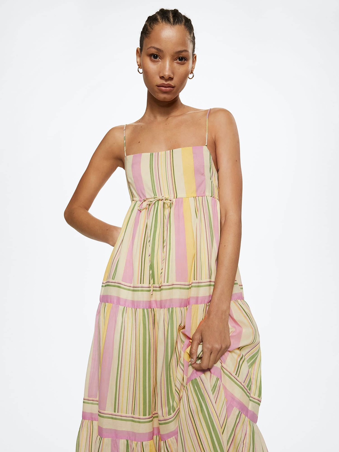 

MANGO Cream-Coloured & Green Striped A-Line Maxi Dress