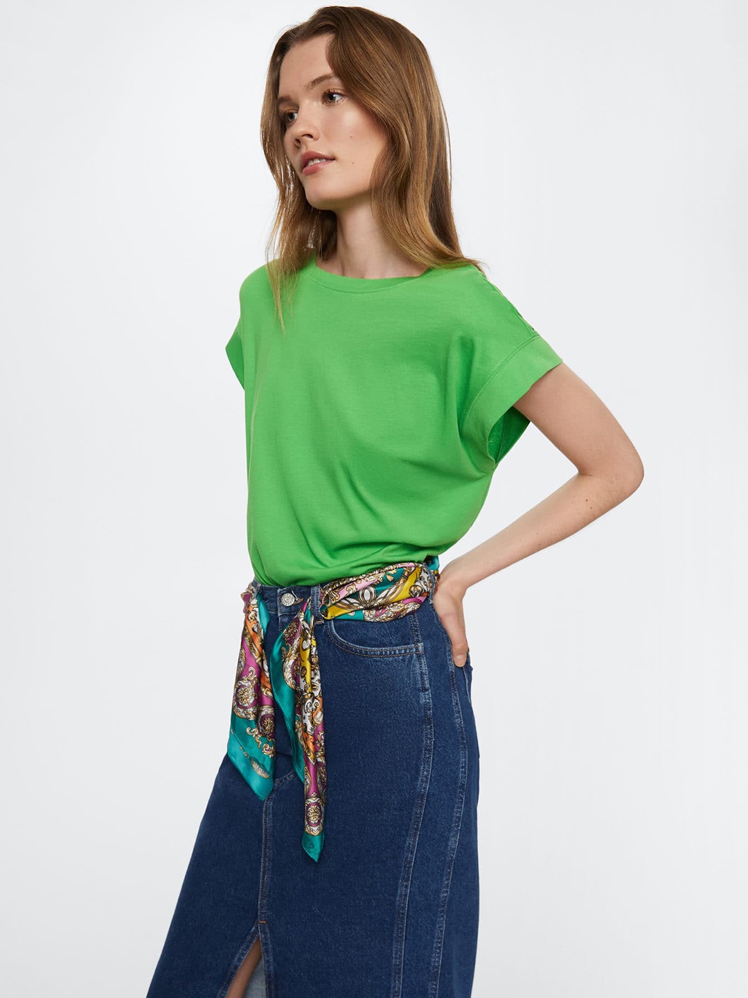 

MANGO Women Green Extended Sleeves Pure Cotton T-shirt