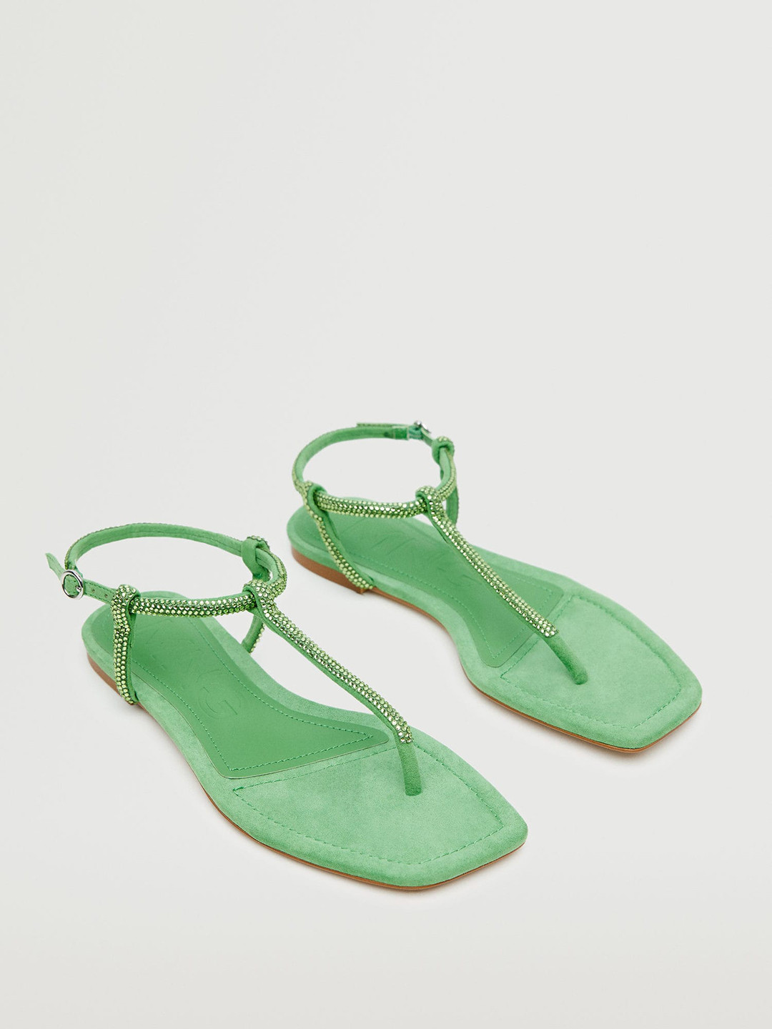 

MANGO Women Green Embellished T-Strap Flats