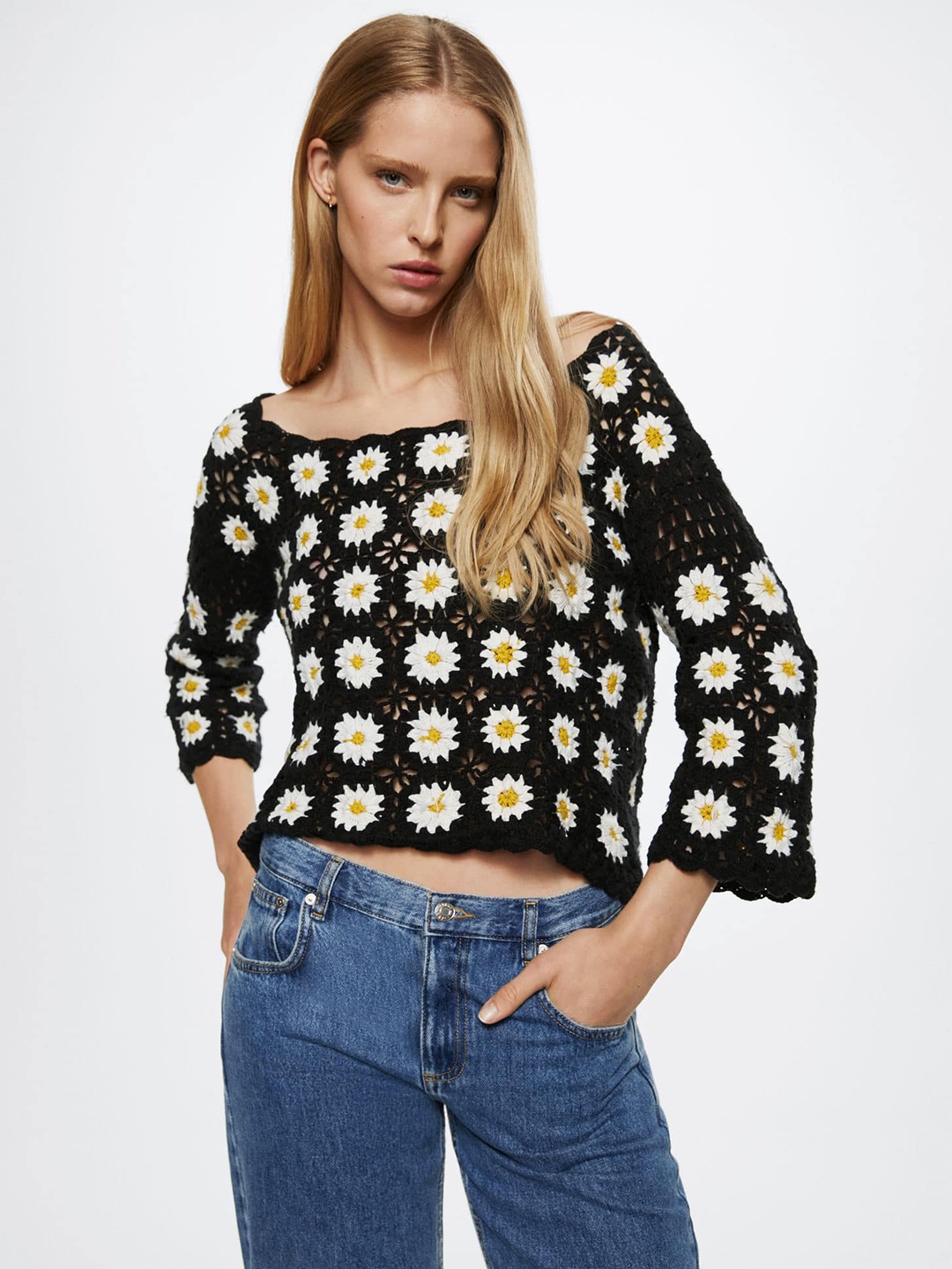 

MANGO Black & White Floral Pure Cotton Crochet Top