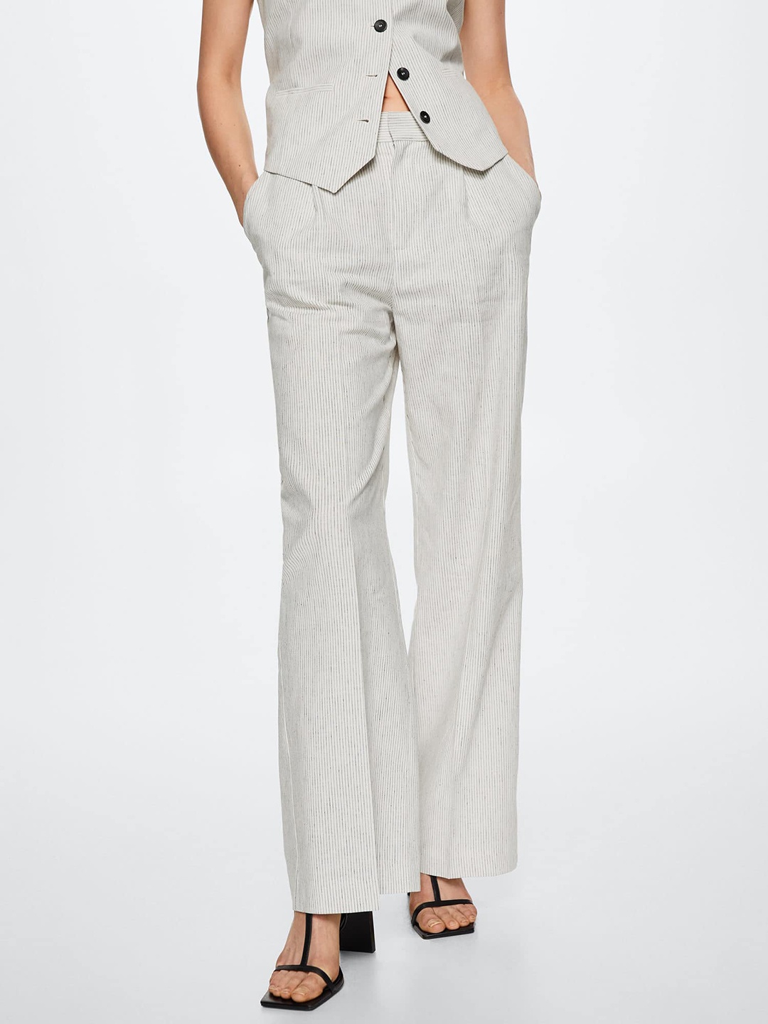 

MANGO Women Off White Pinstriped Tapered Fit High-Rise Pleated Trousers