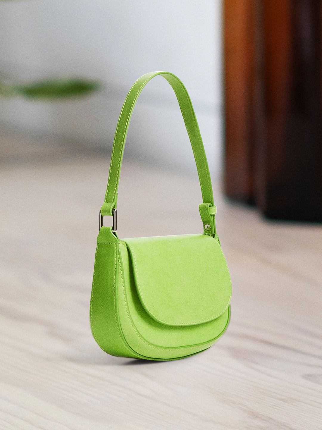 

MANGO Green Solid Structured Baguette Half Moon Shoulder Bag