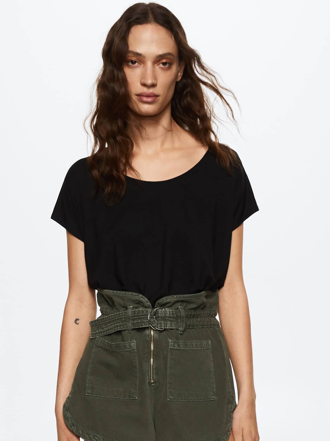

MANGO Women Black Drop-Shoulder Sleeves T-shirt