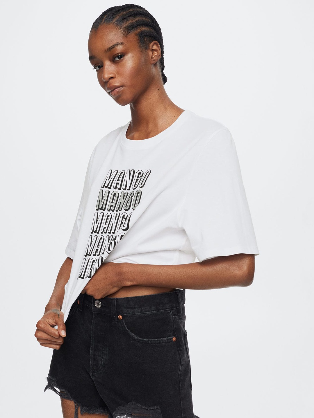

MANGO Women White & Black Printed Pure Cotton T-shirt