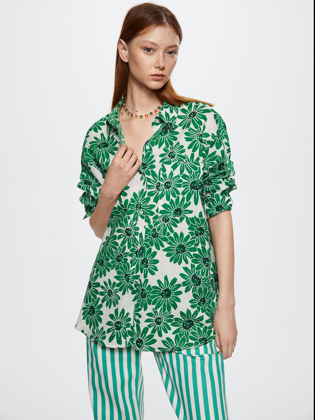 

MANGO Women Off White & Green Oversized Pure Cotton Floral Print Longline Casual Shirt