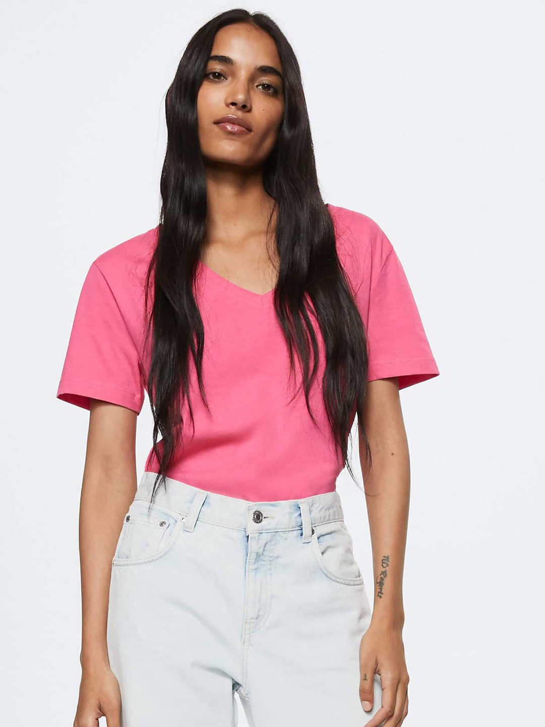 

MANGO Women Pink V-Neck Pure Cotton T-shirt