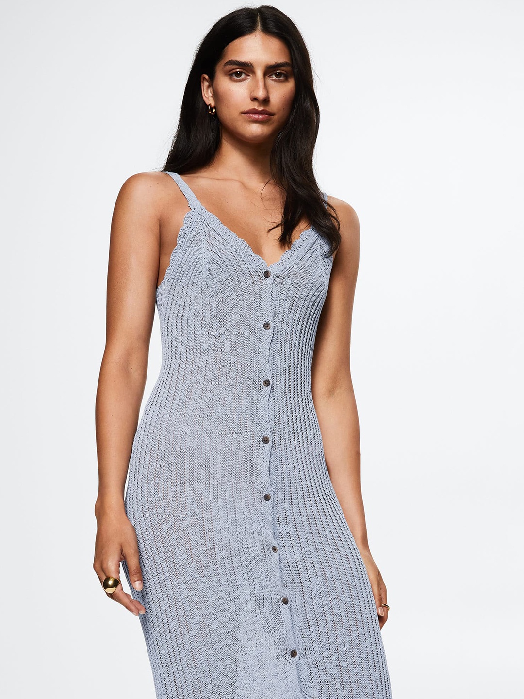 

MANGO Blue Solid Linen Blend Knitted Sheath Maxi Dress