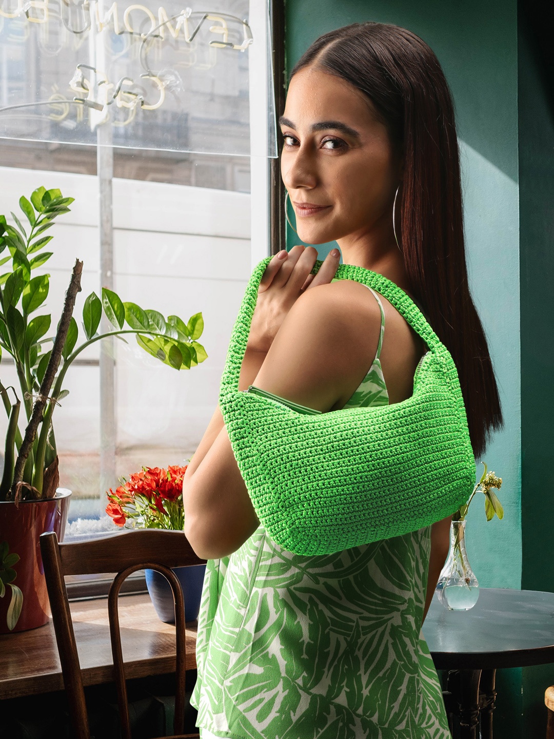 

MANGO Green Braided Woven Design Structured Baguette Hobo Bag