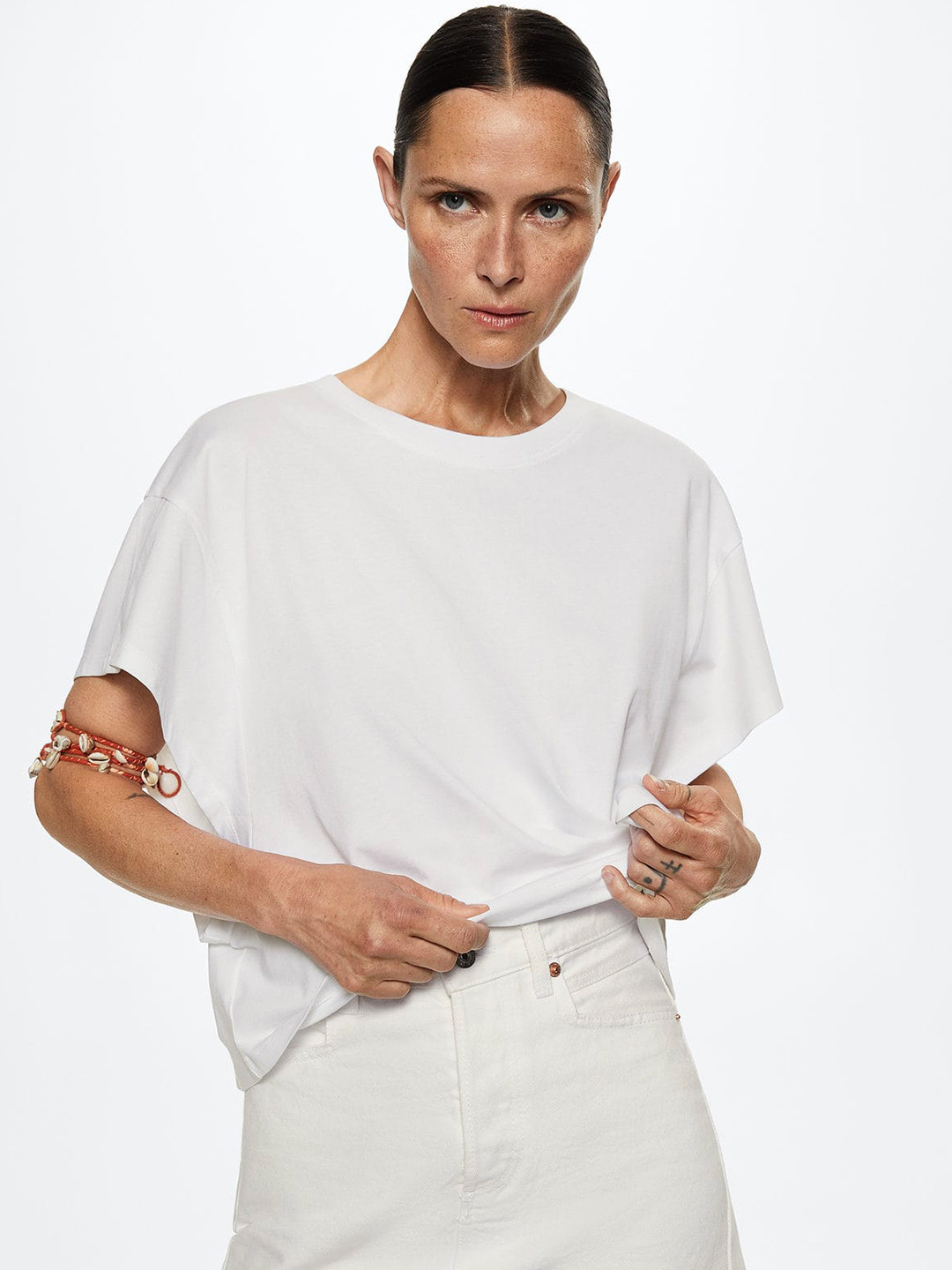 

MANGO Women White Drop-Shoulder Sleeves Pure Cotton Oversized T-shirt