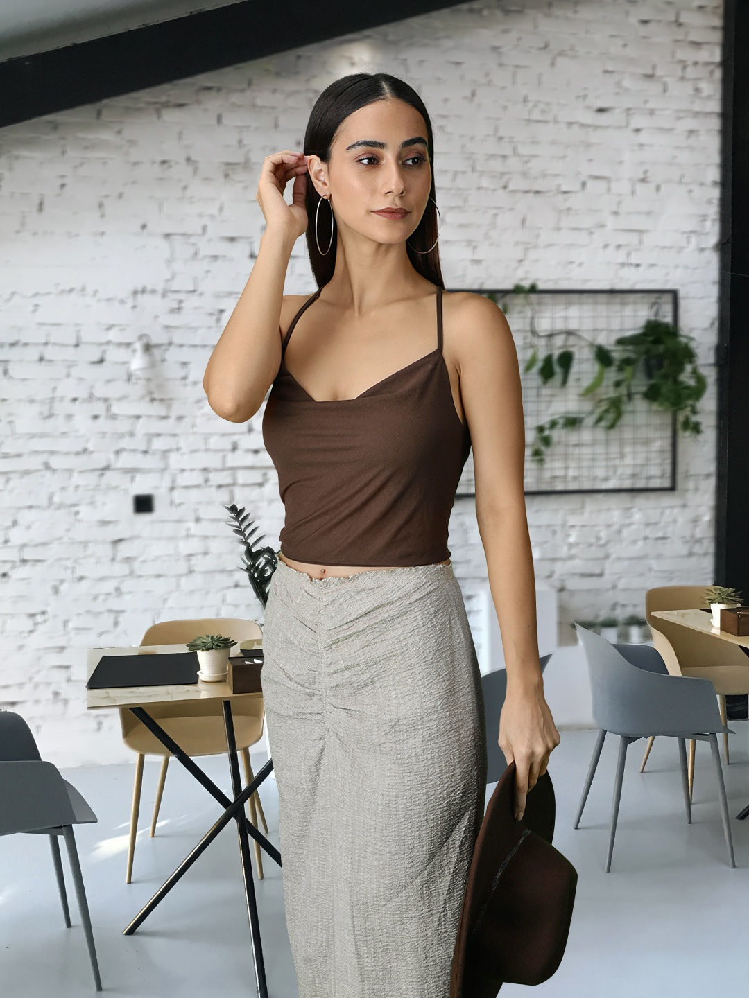 

MANGO Brown Solid Cowl Neck Crop Top