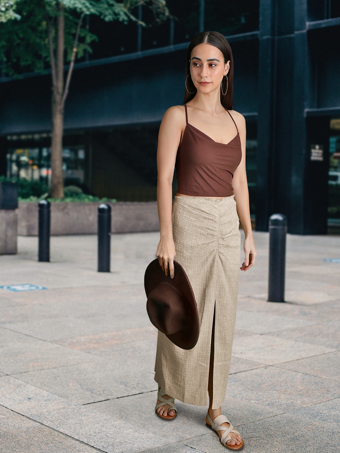 

MANGO Women Beige Solid Textured Linen Pleated Front Slit Detail A-Line Skirt
