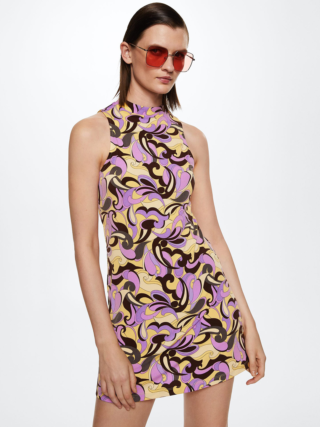 

MANGO Lavender & Yellow Retro Print Halter Neck Sheath Mini Dress
