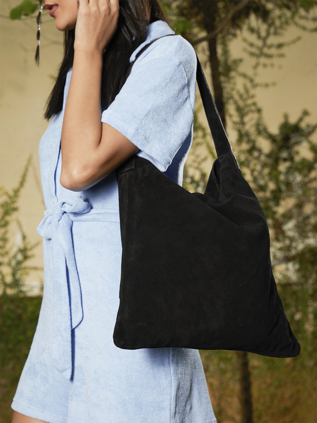 

MANGO Black Solid Leather Structured Hobo Bag with Suede Finish