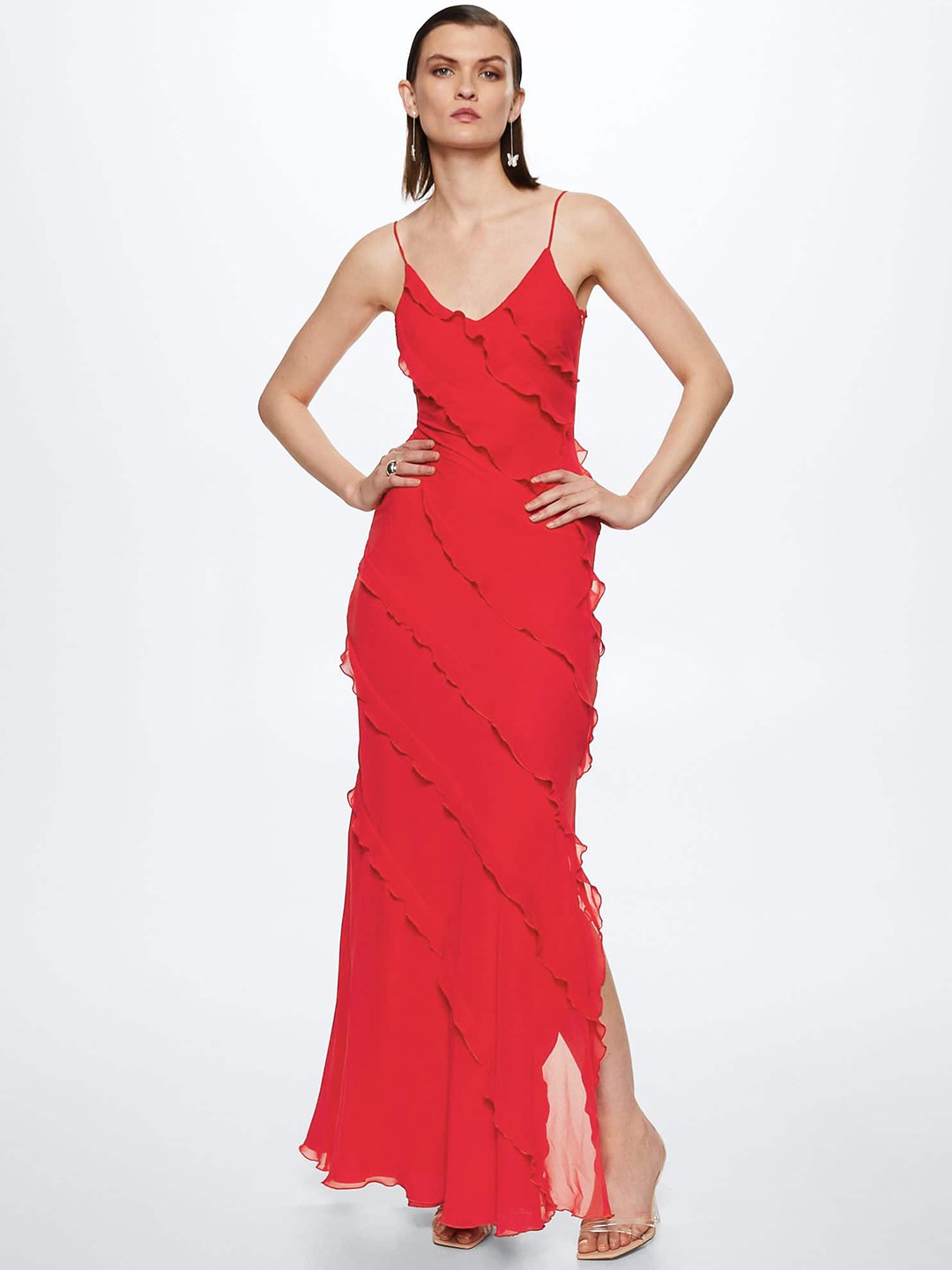 

MANGO Red Solid Ruffled Maxi Dress