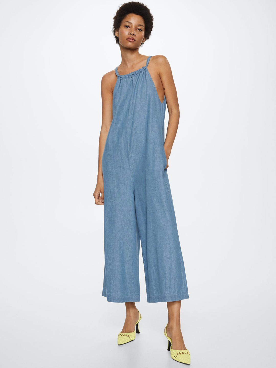 

MANGO Blue Pure Cotton Solid Basic Denim Jumpsuit