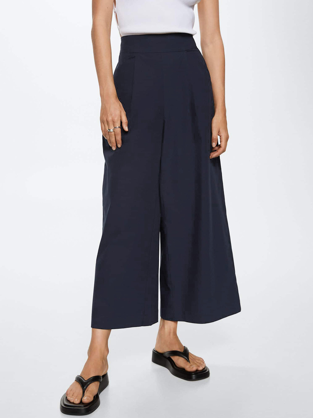 

MANGO Women Navy Blue High-Rise Pure Cotton Culottes Trousers