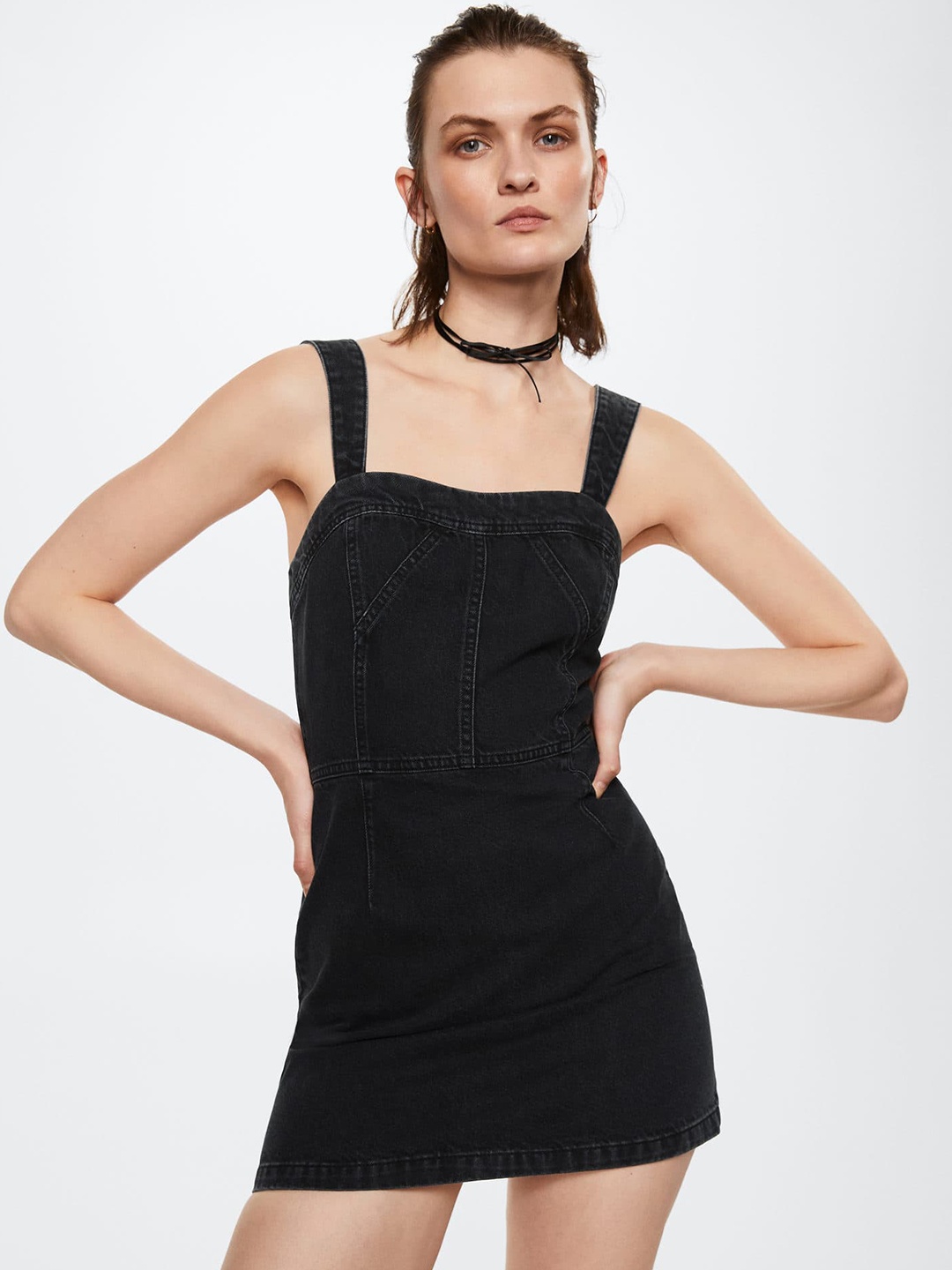 

MANGO Black Denim A-Line Dress