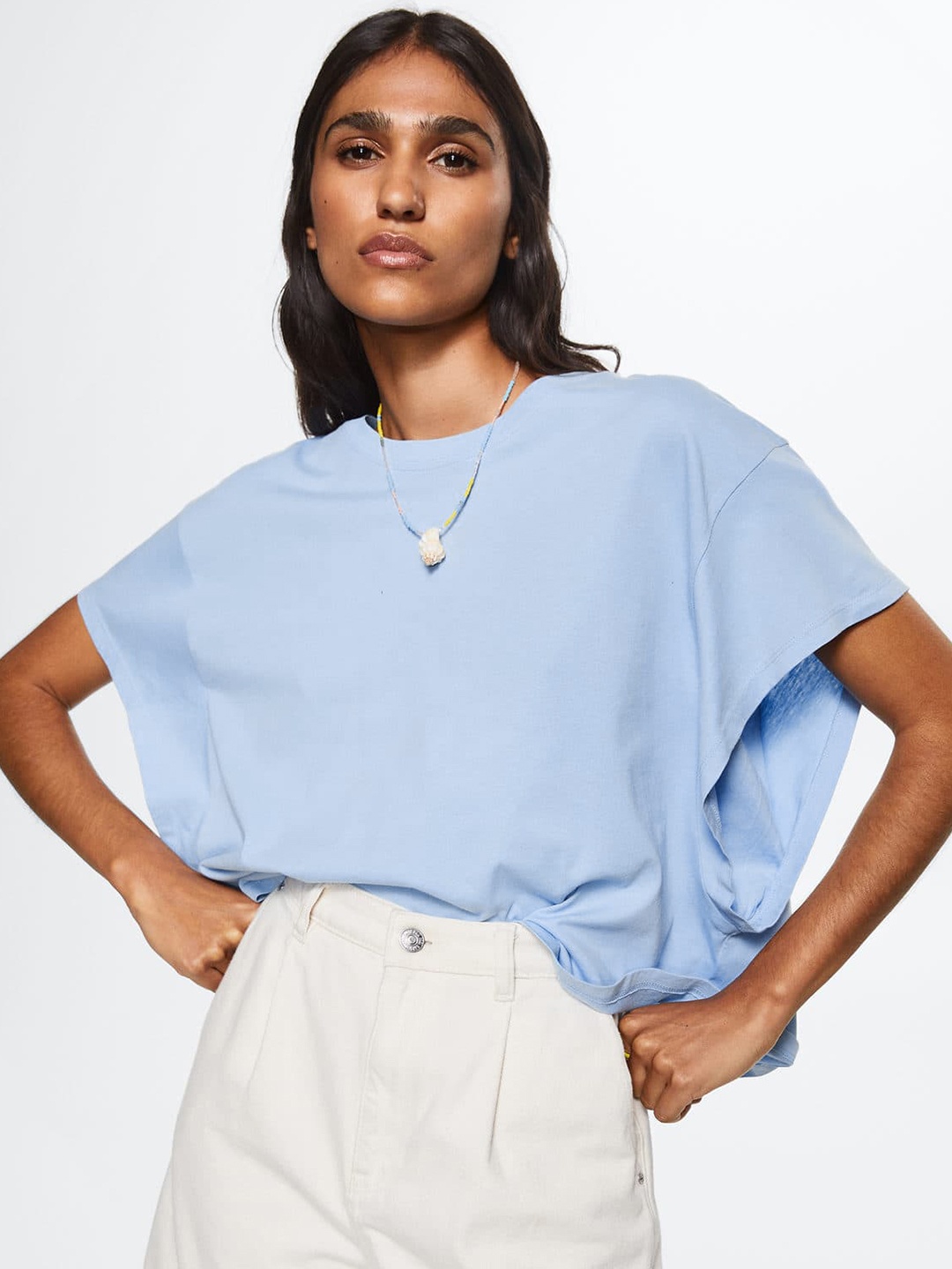 

MANGO Women Blue Drop-Shoulder Sleeves Pure Cotton Oversized T-shirt