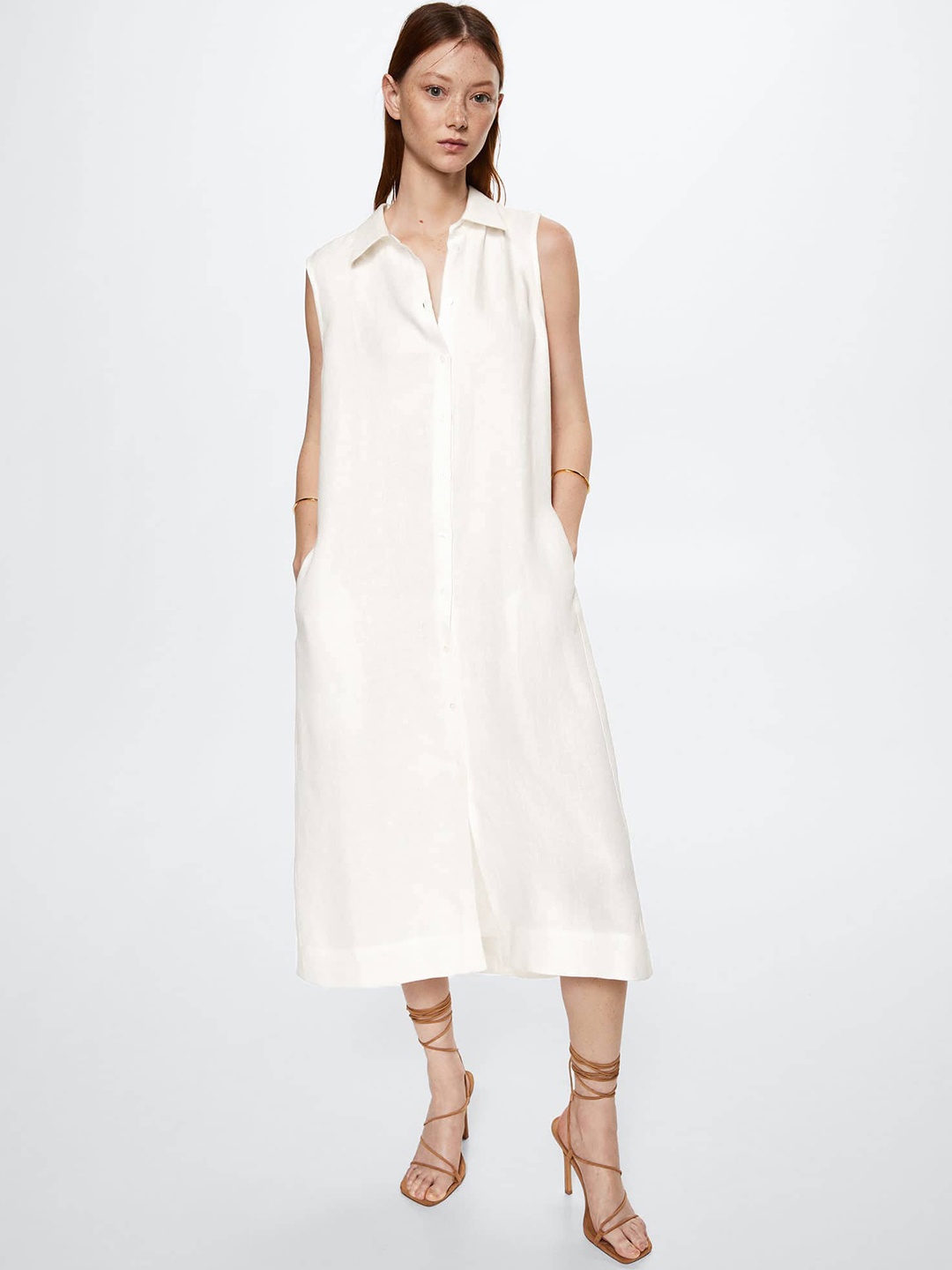 

MANGO White Solid Linen Oversized Shirt Midi Dress, Off white