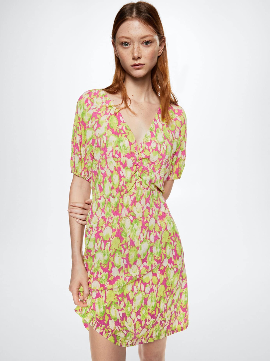 

MANGO Pink & Green Floral A-Line Dress